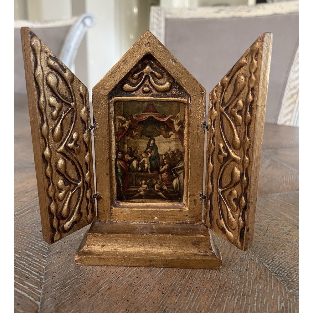 Vtg Gold Gilt Standing Alter Italian Florentine Triptych Virgin on Throne 5.25"